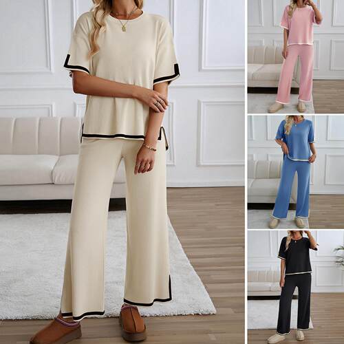 Womens Loungewear Set Soft Stretchy Knit Top & Wide Leg