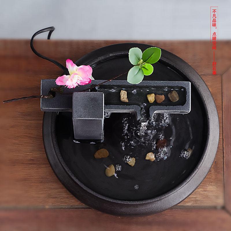 好石寨陶瓷圆形流水摆件茶室桌面收银台循环流水生财乌金石出水口