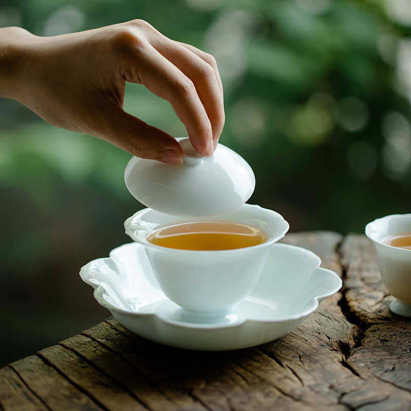 影青莲心二才盖碗手工薄胎陶瓷泡茶碗手抓碗单个功夫茶具文人茶器