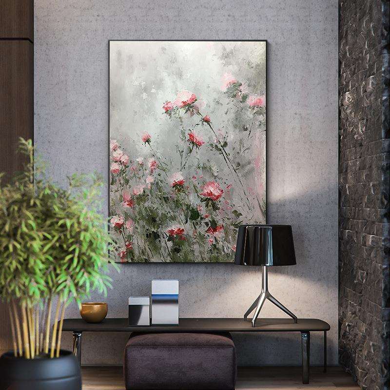 纯手绘油画北欧风格抽象花卉装饰画餐厅玄关挂画艺术大气壁画手工