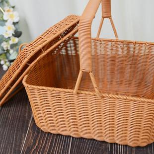 W947 小鹿复古茶色方形野餐收纳篮36 仿藤小号拜拜篮