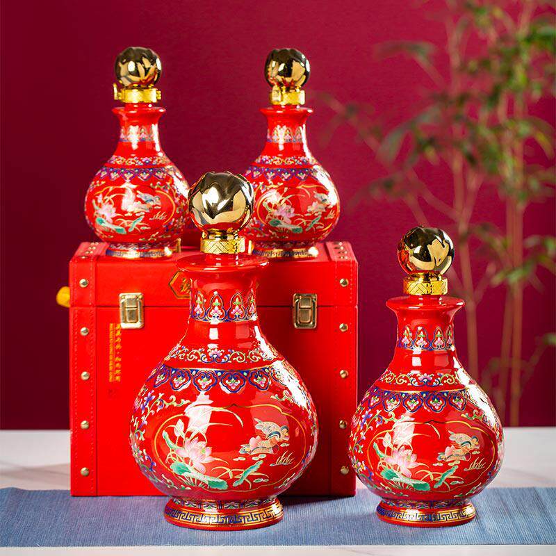 景德镇红色婚庆创意5斤空酒瓶酒坛陶瓷1斤装酒壶密封结婚喜宴礼盒