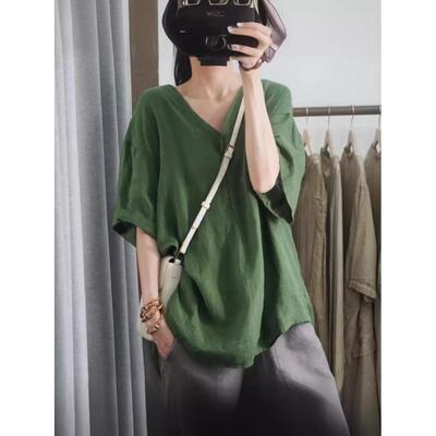 Women for Tops Linen and Cotton Loose Size Large Shirt
