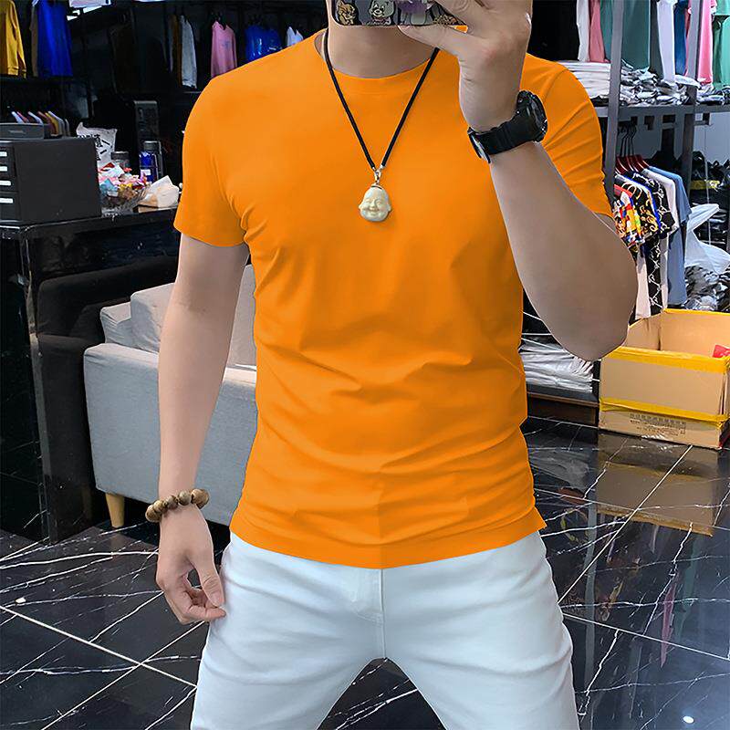 潮流潮牌夏装男士短袖T恤修身韩版纯色简约桑蚕丝光棉半袖上衣服