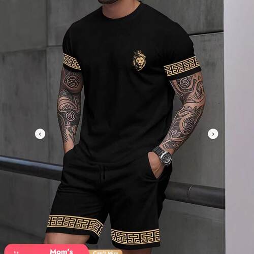 Men's Summer Striped Baseball T-Shirt and Drawstring Shorts