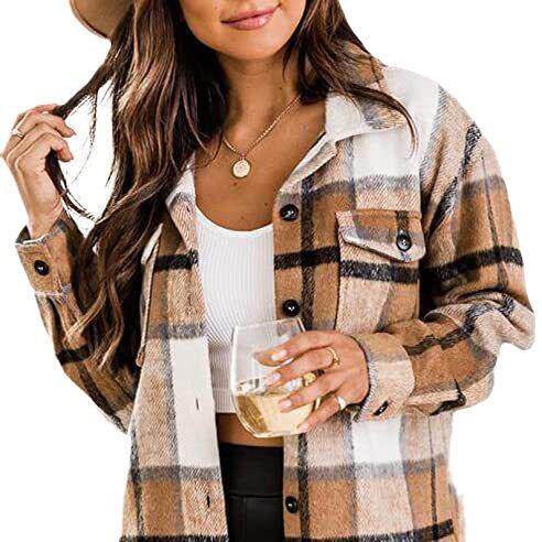 Flannel jacket plaid button up long sleeved woolen shirt