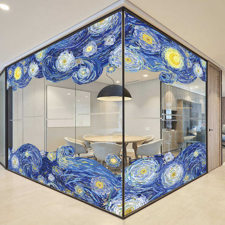 均学梵星空玻璃贴纸艺术静电贴美式手绘画室培训班学校橱窗批发