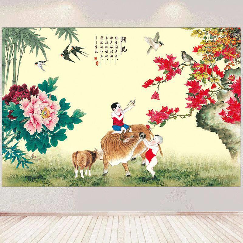 春牛牧牛图牧童骑牛黄牛画背景墙贴画放牛图镇宅旺运自粘壁画挂画