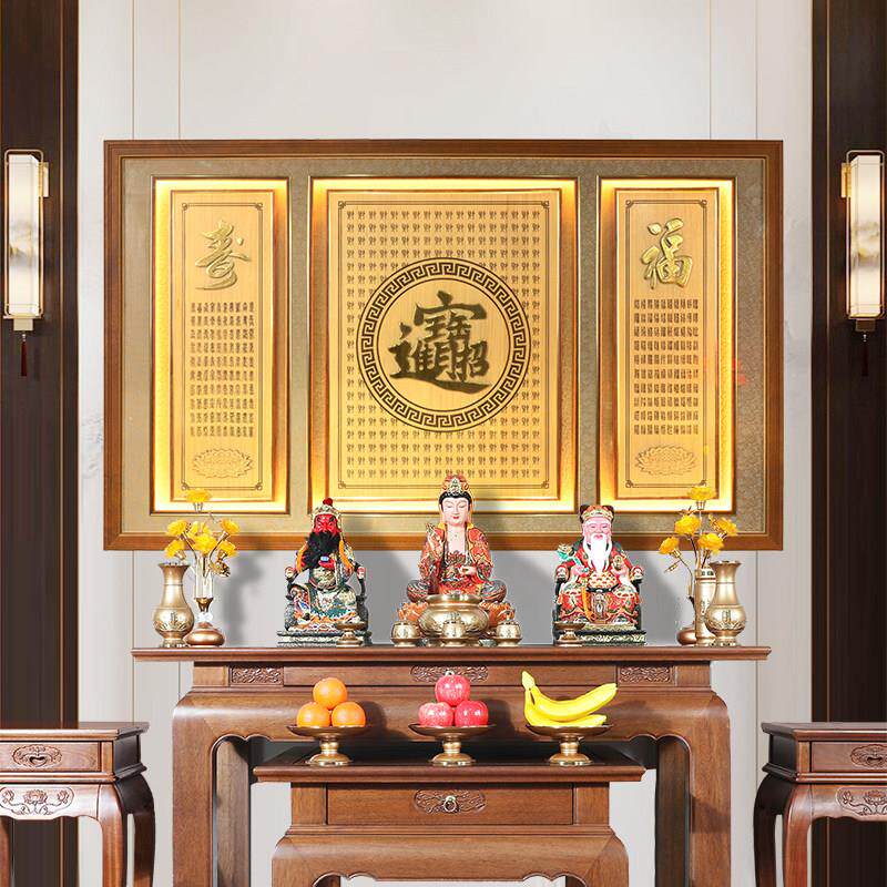 中式招财进宝佛堂供桌后背景画入户玄关画实木雕刻挂画客厅装饰画