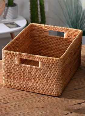 A5L越南藤面编收纳筐API手工木实美式编织篮茶几杂物桌方长形筐篮