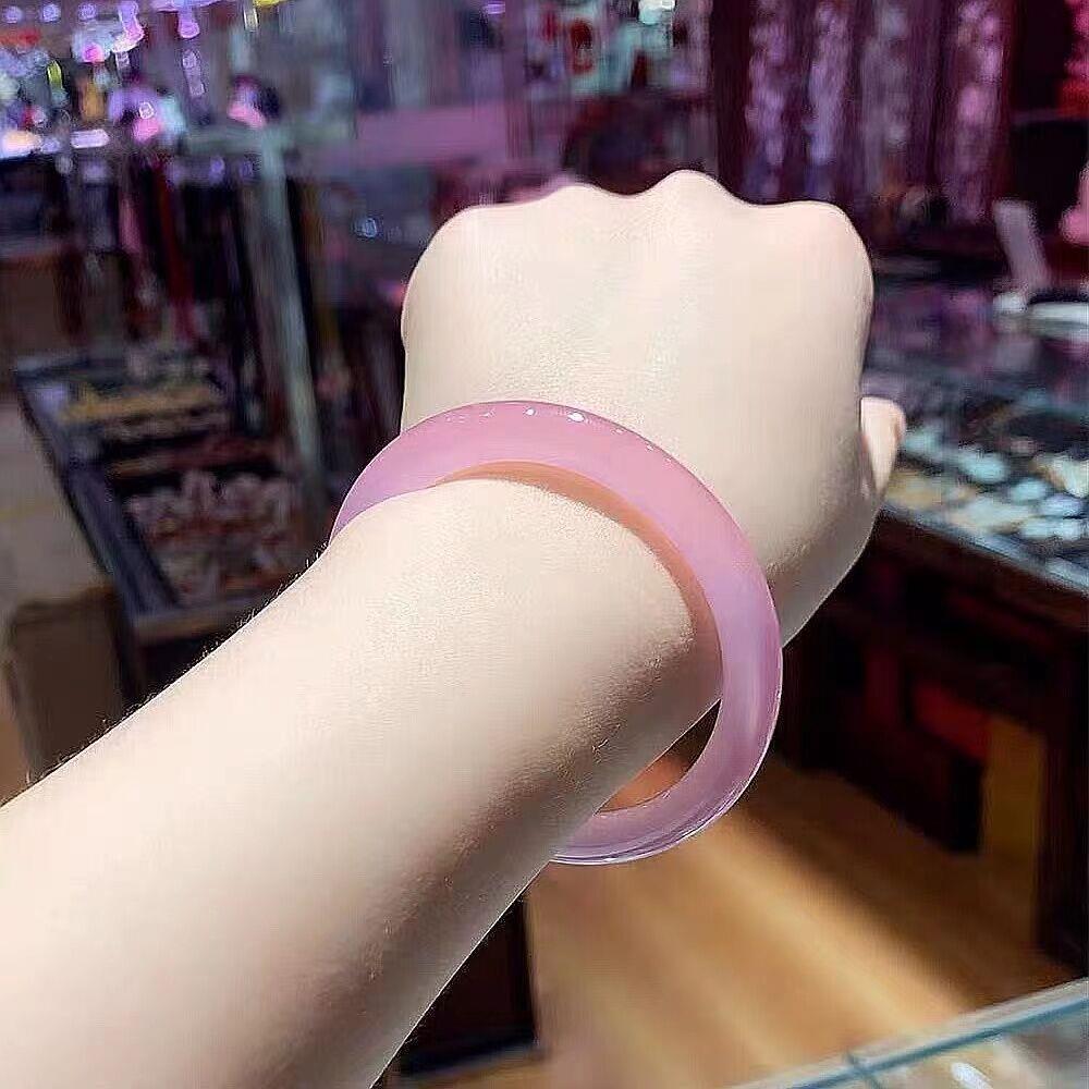 冰种粉玉髓8mm玉髓美人镯 玛瑙清新女款圆条叮当镯 镯子饰品