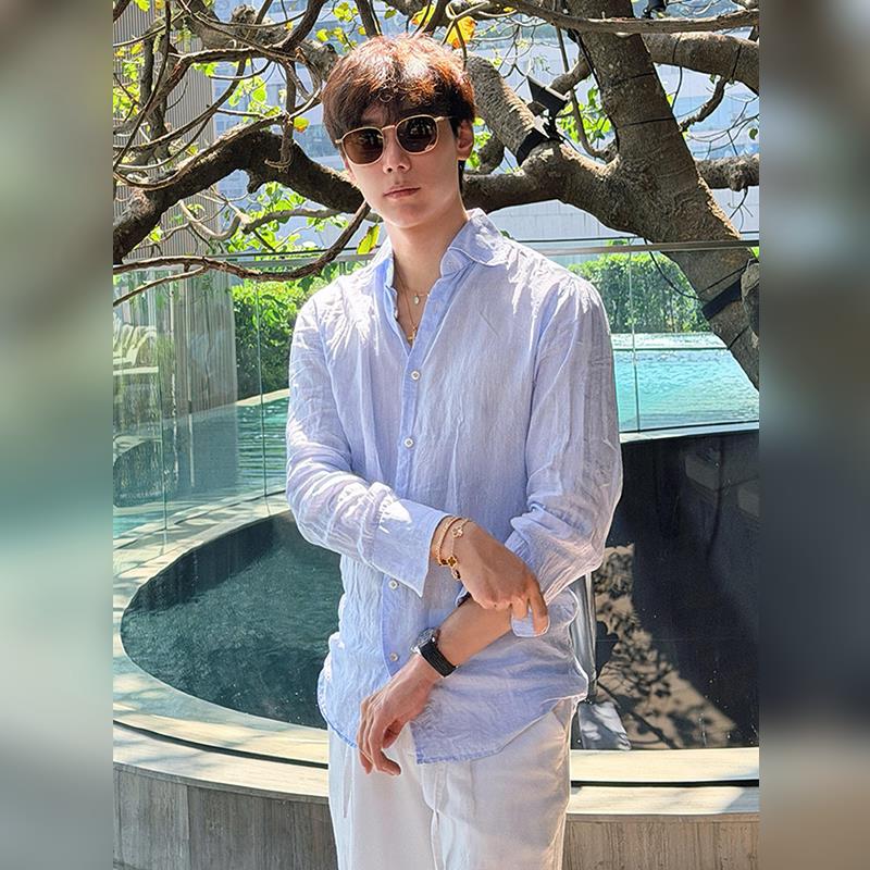 高端浅蓝色天丝亚麻长袖衬衫男款2026夏季老钱风度假穿搭防晒衬衣