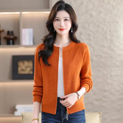 2026春新款圆领宽松针织开衫女温柔浅灰色百搭毛衣短款拉链外套女