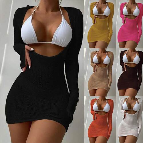 Dress Swimsuit Womens Sexy Beach Crochet Sheer Long Sleeve