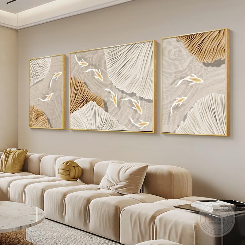网红侘寂奶三油风鱼图客厅装饰银叶沙发画背景墙现代轻奢杏挂画联图片