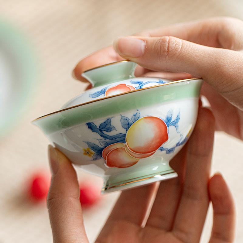 弥言白瓷纯手绘陶瓷盖碗家用不烫手泡茶碗茶杯女士高颜值描金茶碗