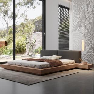 实木榻榻米床落地床黑胡桃木卧室软靠双人大床轻奢悬浮地台矮床