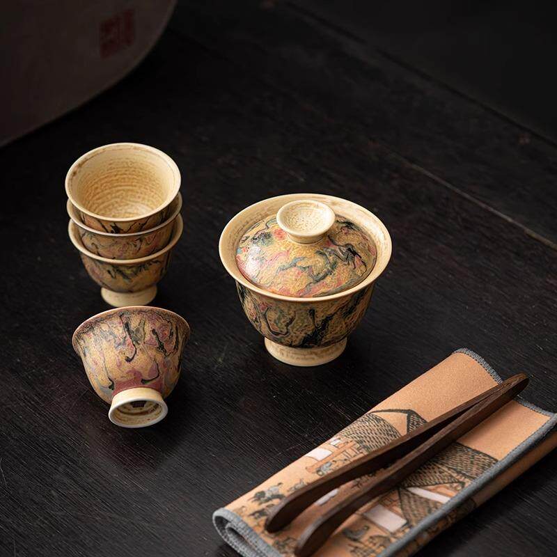 敦煌油画手工柴烧釉下彩盖碗茶杯家用小套装复古中国风手绘茶具