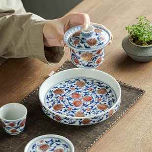 釉里红金刚莲青花缠枝莲壶承家用大号圆形茶托盖碗茶壶盘子壶托盘
