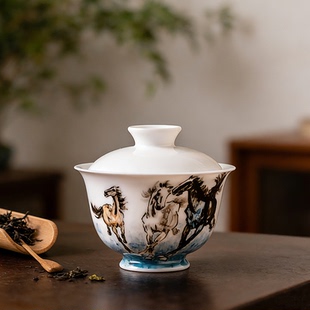 收藏级马到成功盖碗 国家级大师刘培竹釉下五彩纯手绘茶杯