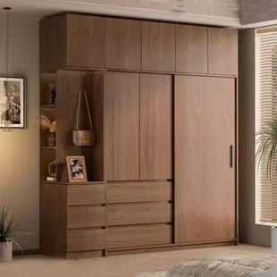 实木橡木衣柜推拉门家用卧室北欧纯胡桃色移门全原木挂式衣橱家具