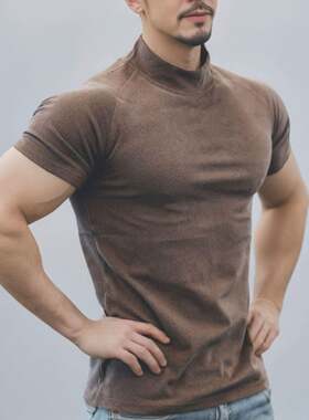 GM新潮 铁血肌肉半高领插肩款短袖健身狗兄弟双面德绒男休闲网红