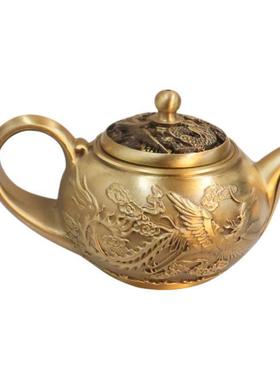 黄铜龙凤茶壶浮雕创意茶具家居办公会客茶几装饰桌面摆件铜工艺品