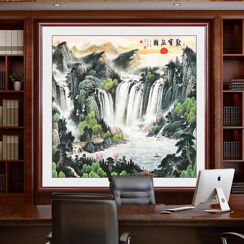 新中式正方形聚宝盆山水画客厅鸿运当头挂画办公室装饰墙画招财画