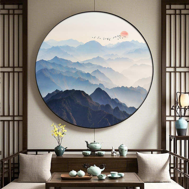 茶室装饰画圆形山水画新中式挂画玄关客厅背景墙壁画办公室靠山图