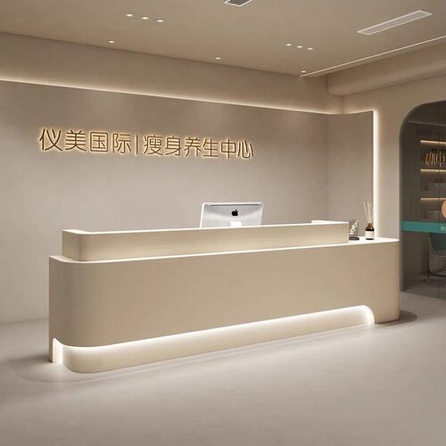 美容院吧台收银台烤漆奶油风弧形商用瑜伽馆公司前台桌接待台简约