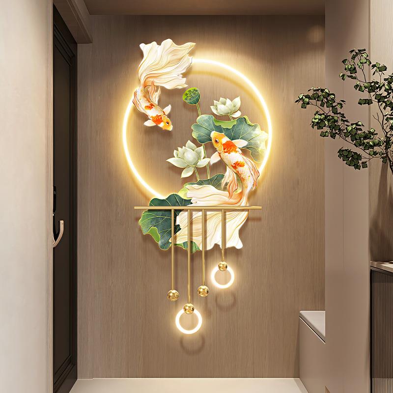轻奢玄关装饰画锦鲤入户立体尽头挂画带灯发光走廊过道吊坠壁画