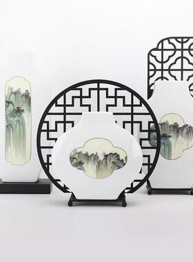 现代新中式禅意陶瓷摆设创意金属客厅玄关软装饰品花器样板房摆件