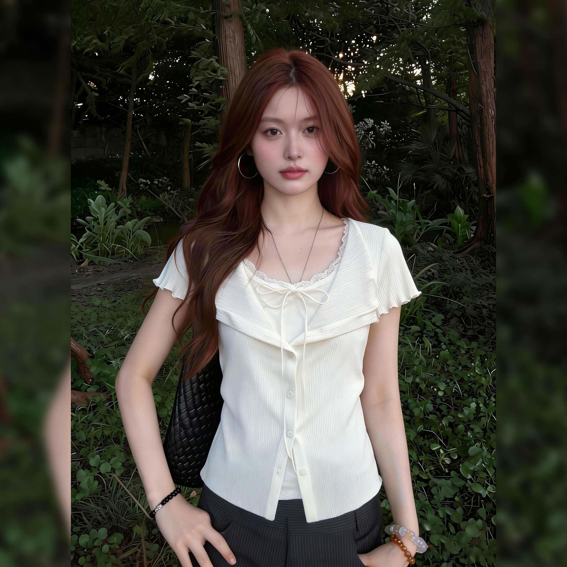 沐桃甜美少女风白色V领短袖T恤女夏季系带假两件收腰显瘦百搭上衣
