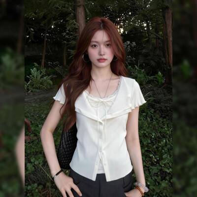 沐桃甜美少女风白色V领短袖T恤女夏季系带假两件收腰显瘦百搭上衣
