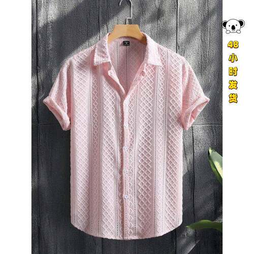 C 16346 Men's solid lapel short shirt 士纯色翻领短袖衫
