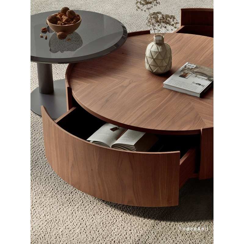 中古风简约胡桃木圆形茶几轻奢高级极简现代客厅小户型圆型北欧