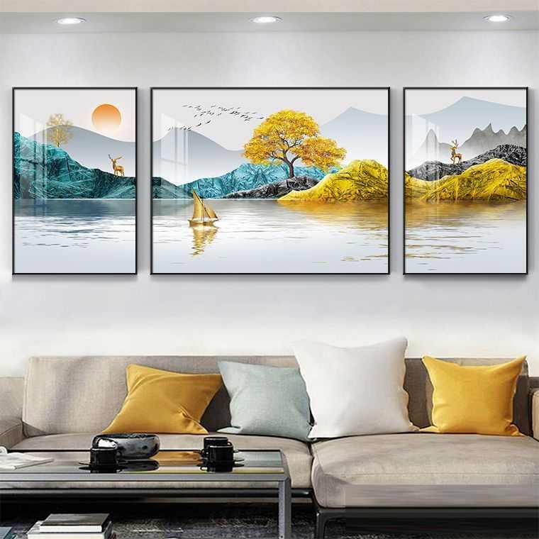 客厅装饰画山水画挂画大气沙发背景墙壁画现代简约家庭三联画图片