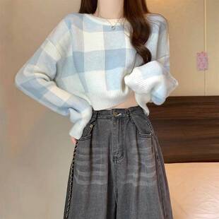 秋冬温柔系格子短款套头打底毛衣女秋新款内搭针织衫宽0910z