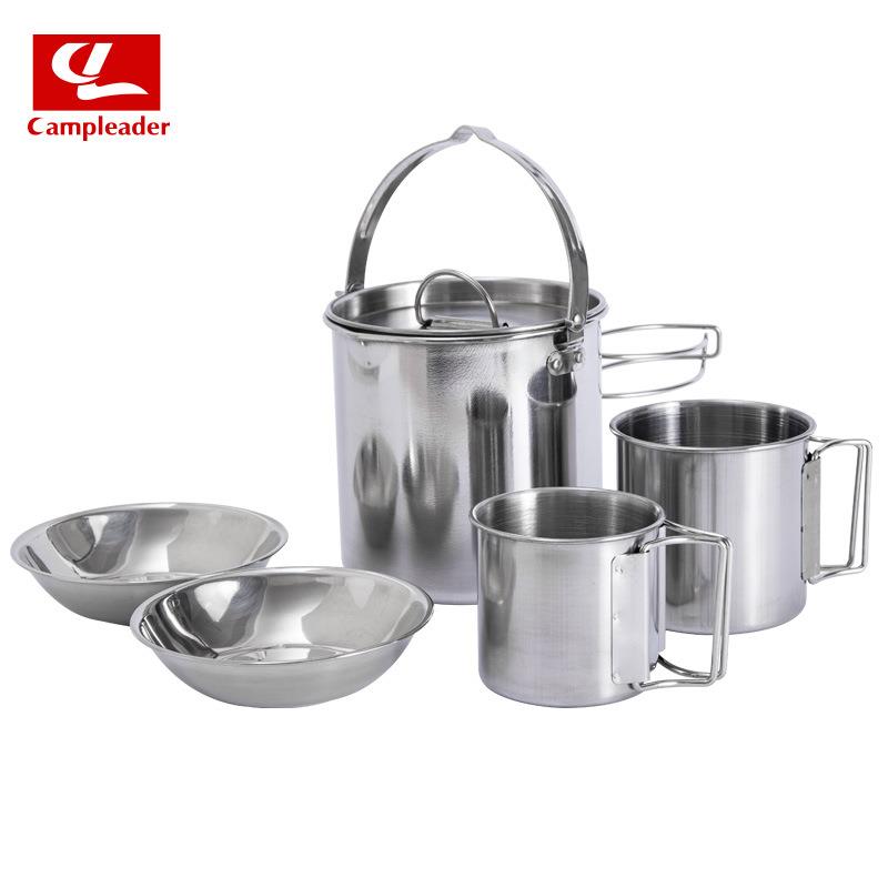 户外不锈钢烧水壶折叠吊锅5件套野营炊具用品碗锅杯子5件套