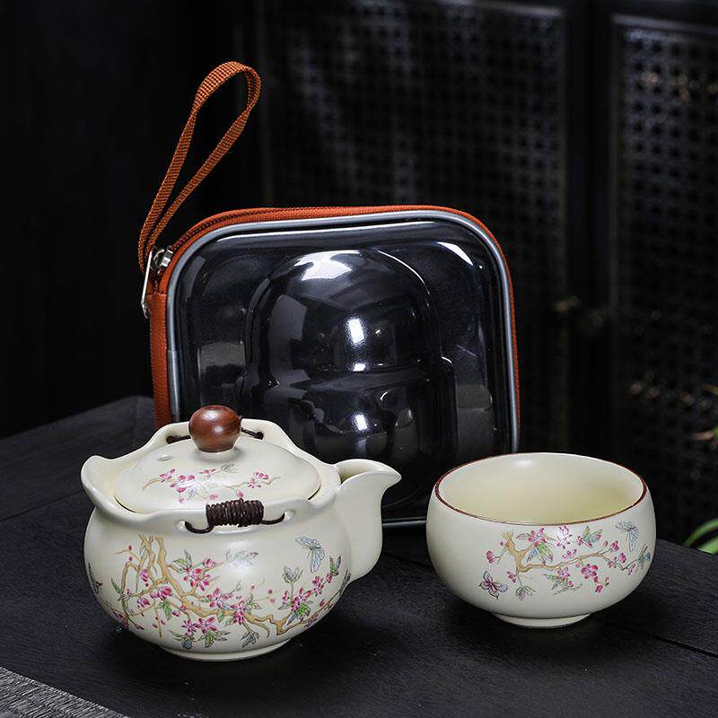 米黄汝窑手抓壶功夫茶具 一壶一杯防烫泡茶碗 陶瓷旅行茶具组