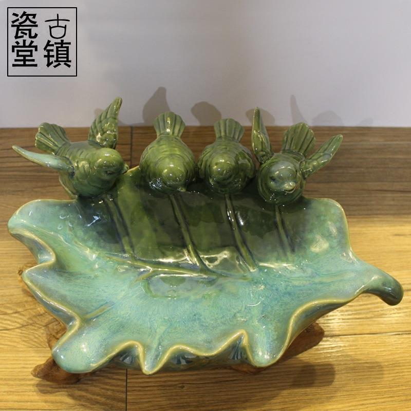 陶瓷欧式陶瓷水果盘客厅家用创意装饰品浮雕鸟果盘摆件