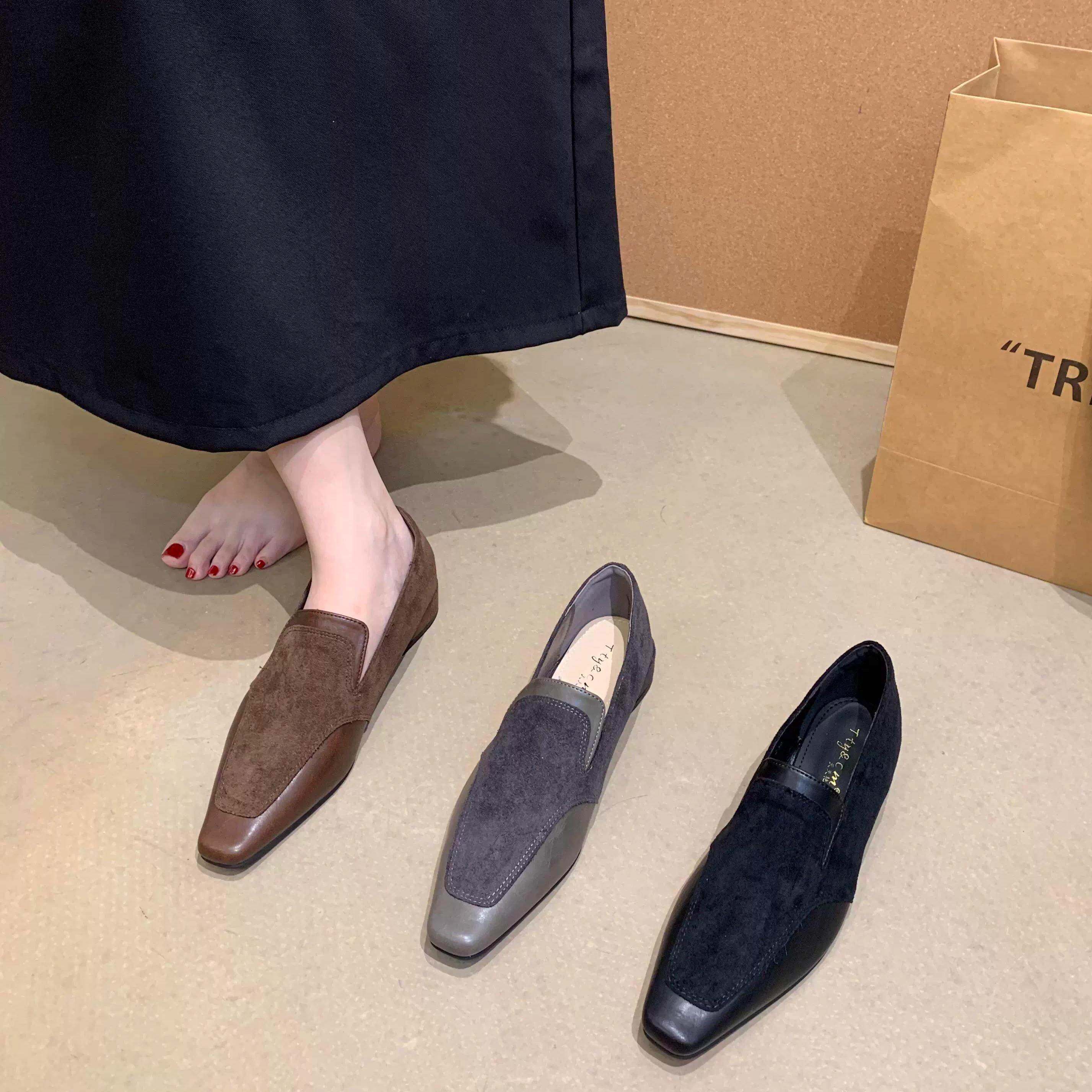 香港2025小单鞋真皮小方头低跟女士乐福鞋老钱风气质一脚蹬小皮鞋