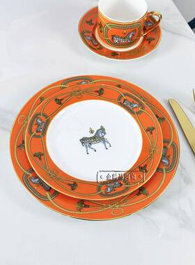 新款跨境热销橙色马图盘子陶瓷西餐盘家用碟蛋糕盘牛排甜品水果盘