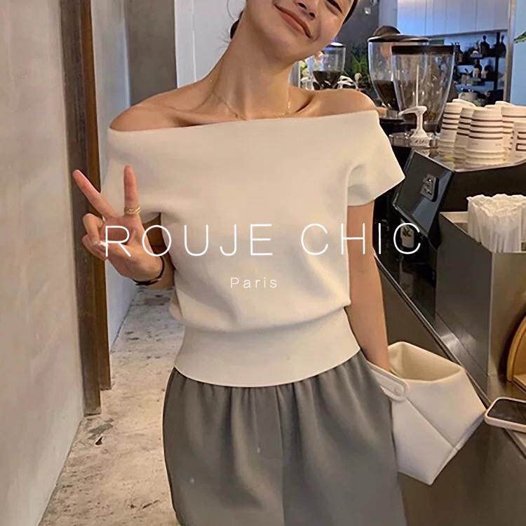 ROUJE CHIC法式一字领白色短款露肩短袖冰丝针织衫女夏季薄款上衣