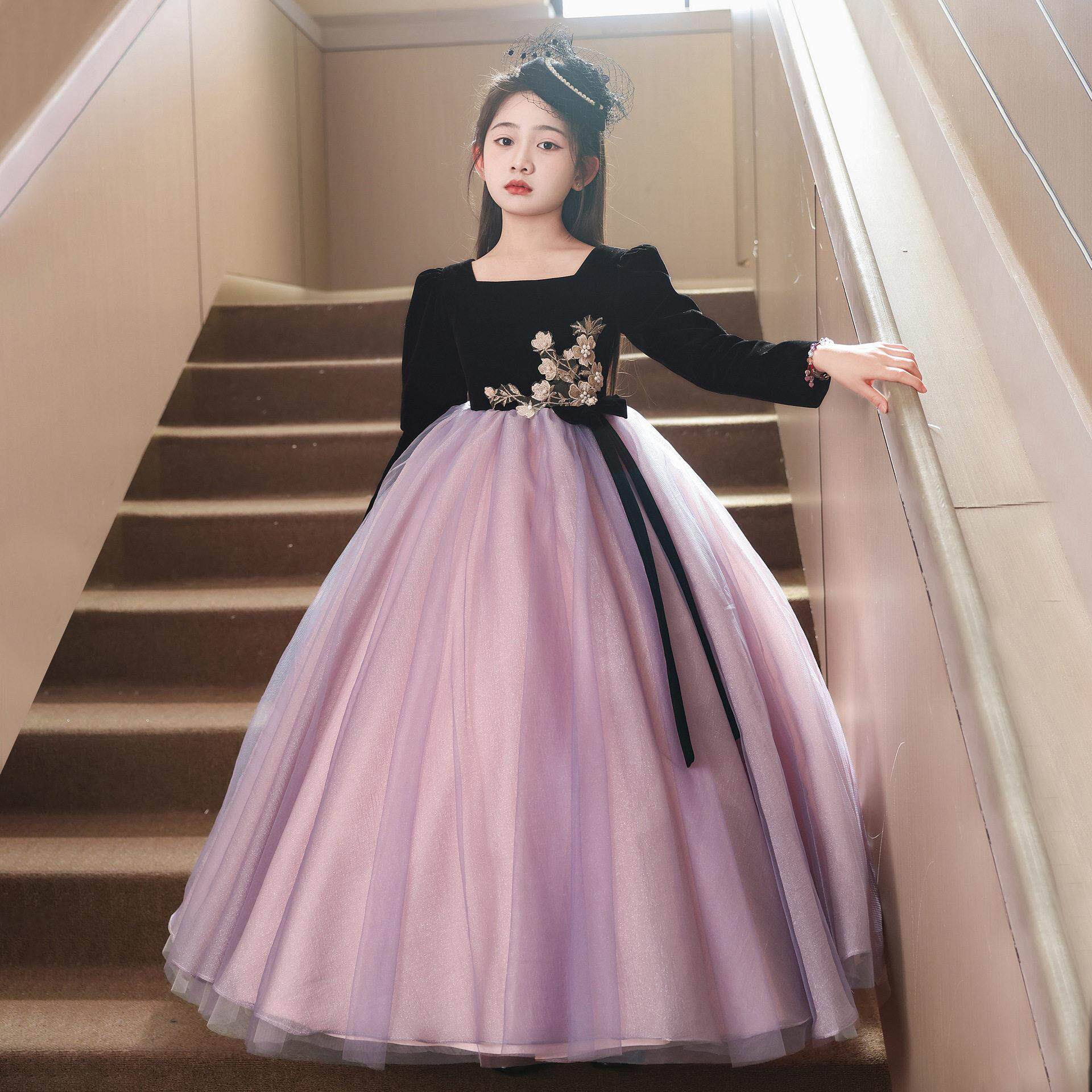 女童大码长袖礼服高端气质儿童生日公主裙十岁女孩花童钢琴演出服