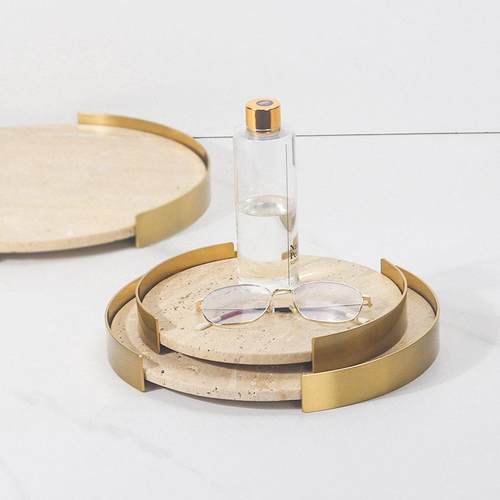 PTI侘间寂风大石黄洞圆形托盘卫生香薰烛首饰样板房收纳蜡装饰理