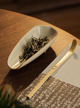 米黄汝窑茶则陶瓷茶道二件套茶拨茶荷功夫茶具配件茶艺赏茶盒套组