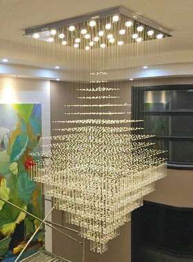 复式楼大吊灯现代酒店非标别墅大客厅楼中楼水晶方形楼梯间长吊灯