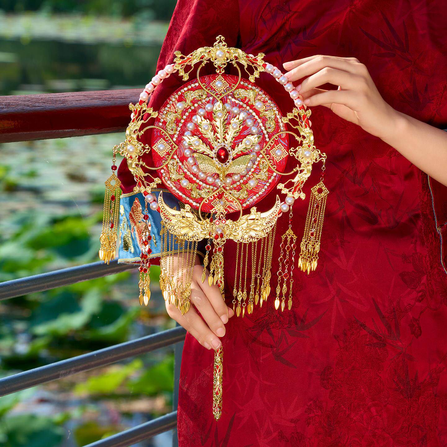 团扇新娘结婚红色中式婚嫁秀禾喜扇手工高级婚礼手捧花diy材料包