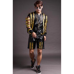 夜店酒男歌手衣DJ吧嘻哈摇滚DS 字母个男性装机车皮演出服男